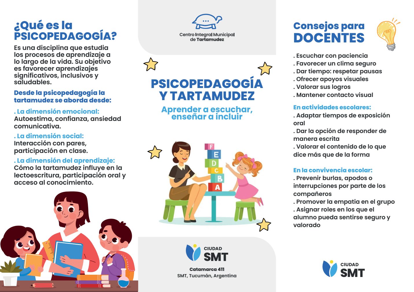 Folleto del CIMT: Psicopedagogía y tartamudez, consejos para docentes.