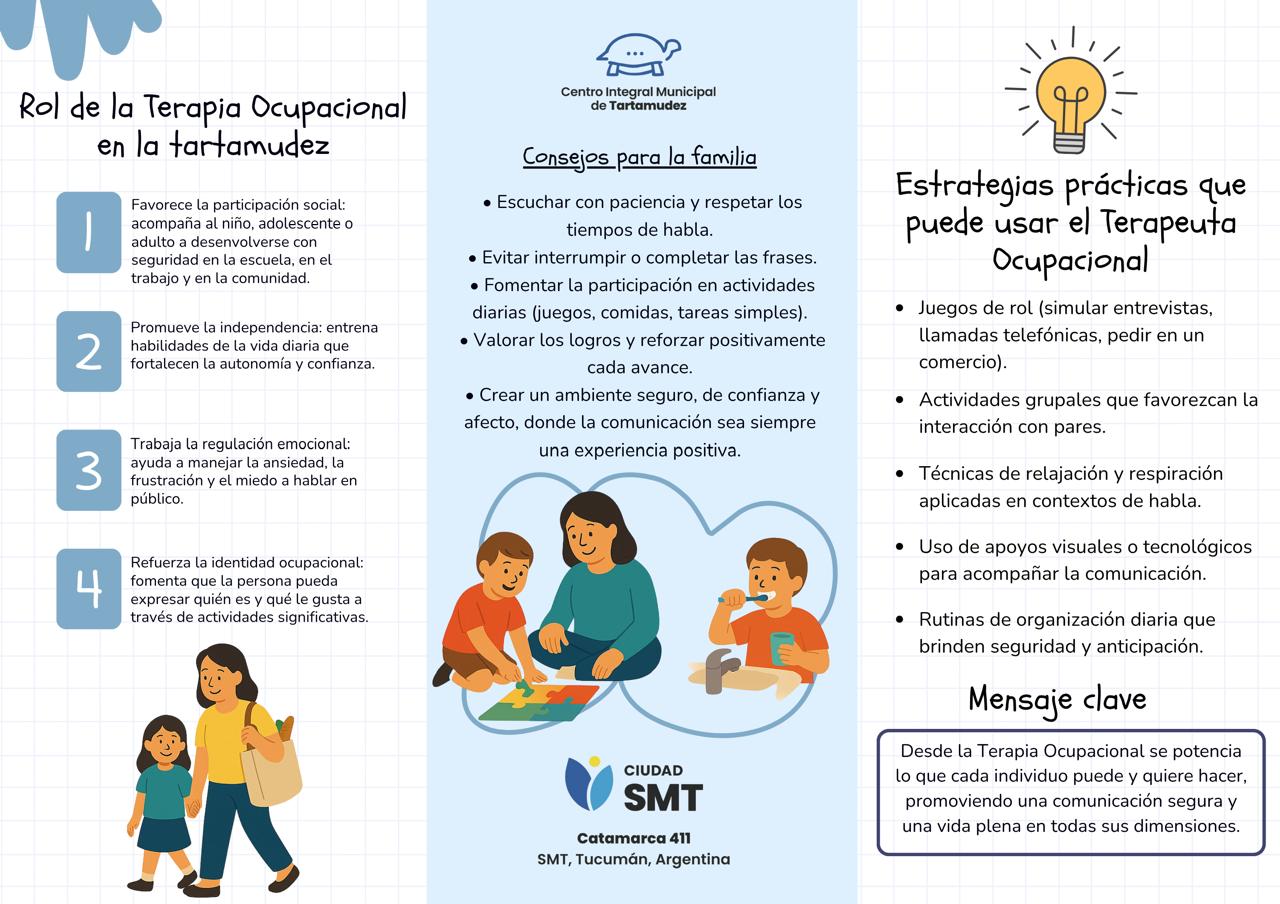 Folleto del CIMT: Rol de la Terapia Ocupacional en la tartamudez, consejos para la familia y estrategias prácticas.